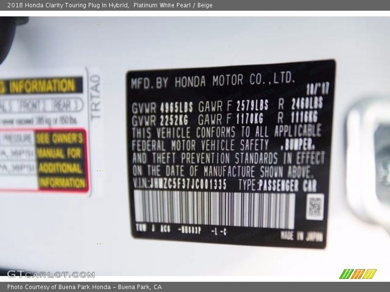 Platinum White Pearl / Beige 2018 Honda Clarity Touring Plug In Hybrid
