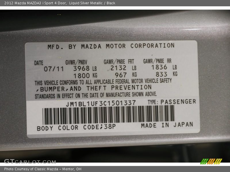 Liquid Silver Metallic / Black 2012 Mazda MAZDA3 i Sport 4 Door
