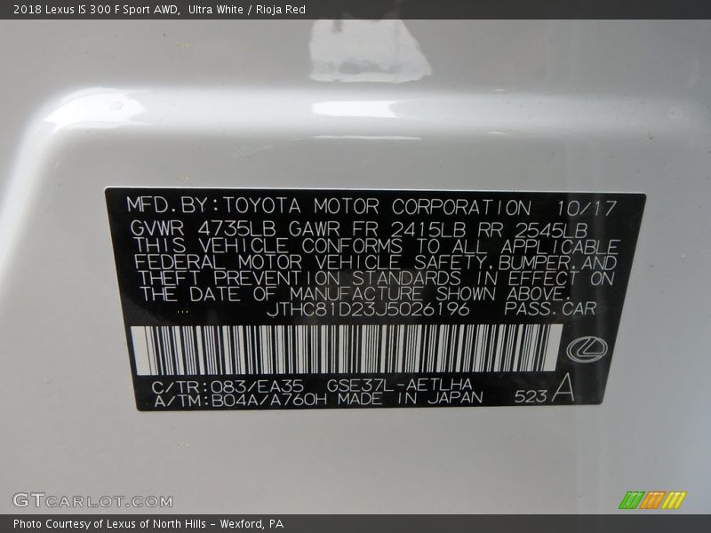 2018 IS 300 F Sport AWD Ultra White Color Code 083