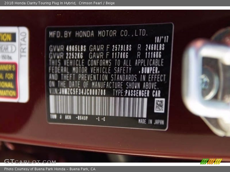 Crimson Pearl / Beige 2018 Honda Clarity Touring Plug In Hybrid