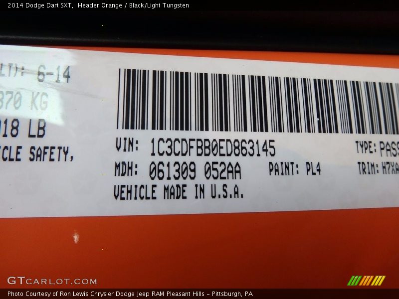 Header Orange / Black/Light Tungsten 2014 Dodge Dart SXT