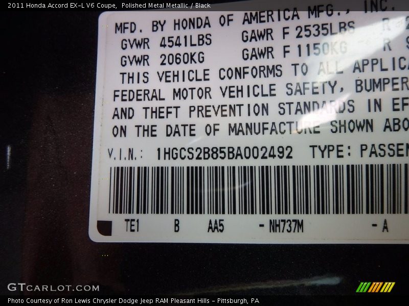 Polished Metal Metallic / Black 2011 Honda Accord EX-L V6 Coupe