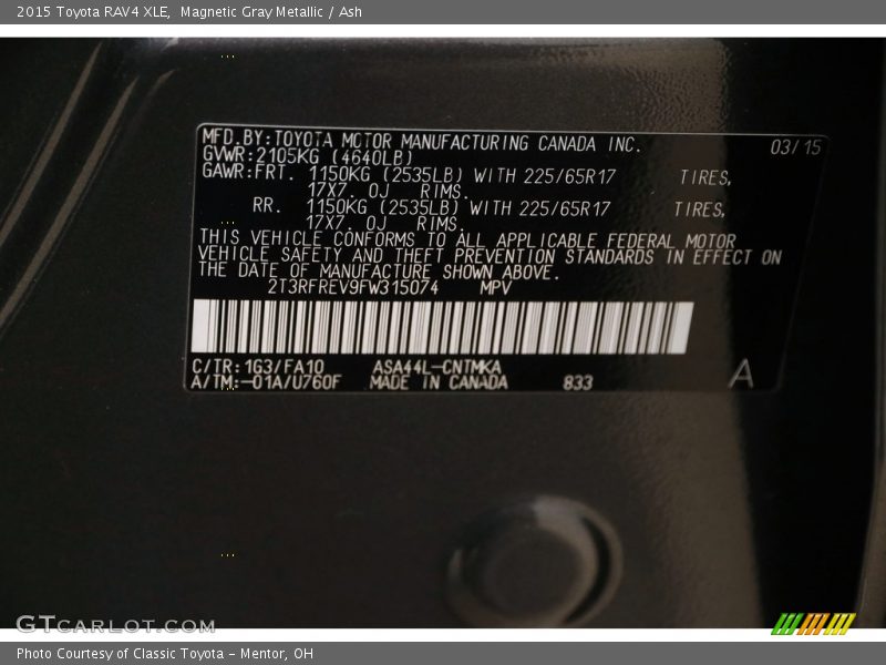 Magnetic Gray Metallic / Ash 2015 Toyota RAV4 XLE