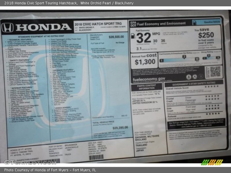 White Orchid Pearl / Black/Ivory 2018 Honda Civic Sport Touring Hatchback