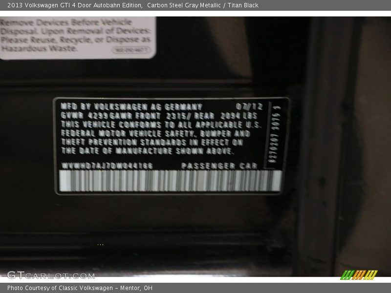 Carbon Steel Gray Metallic / Titan Black 2013 Volkswagen GTI 4 Door Autobahn Edition