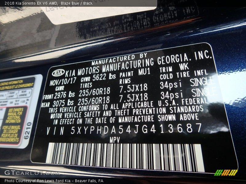 2018 Sorento EX V6 AWD Blaze Blue Color Code MU1