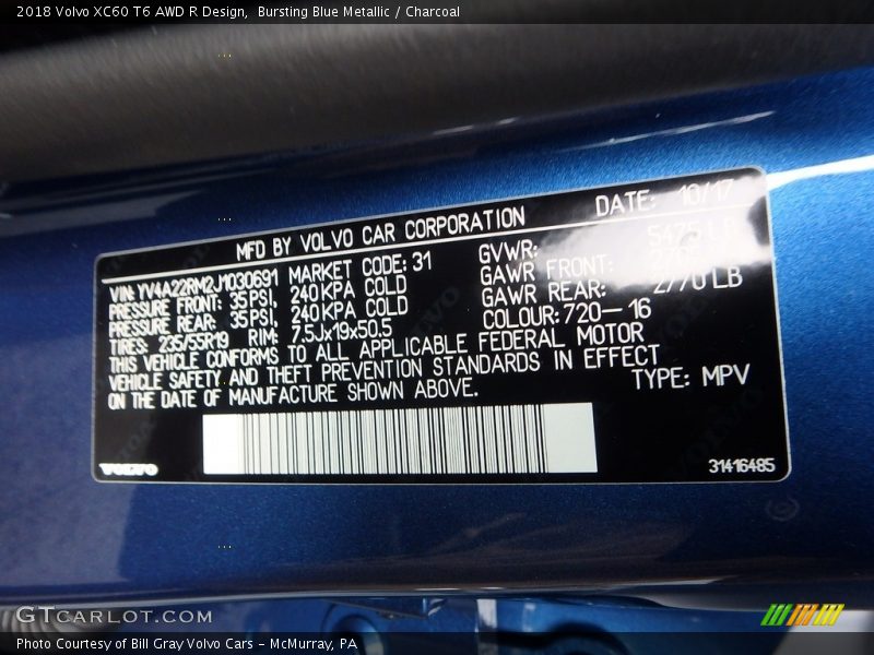 Bursting Blue Metallic / Charcoal 2018 Volvo XC60 T6 AWD R Design