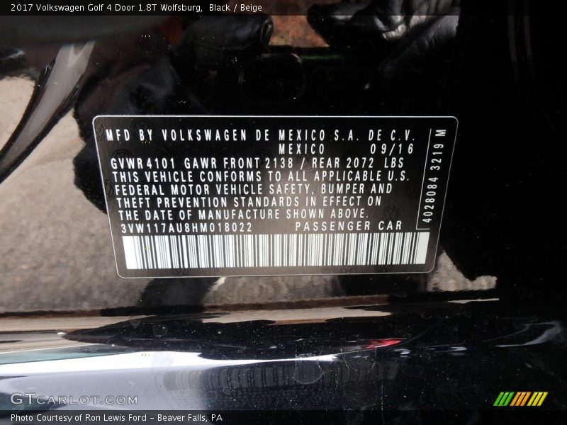 Black / Beige 2017 Volkswagen Golf 4 Door 1.8T Wolfsburg