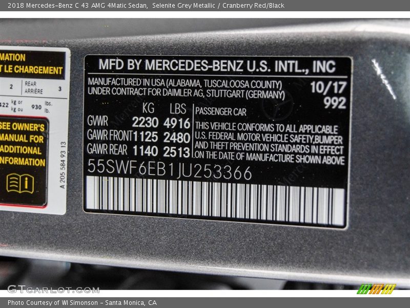 2018 C 43 AMG 4Matic Sedan Selenite Grey Metallic Color Code 992