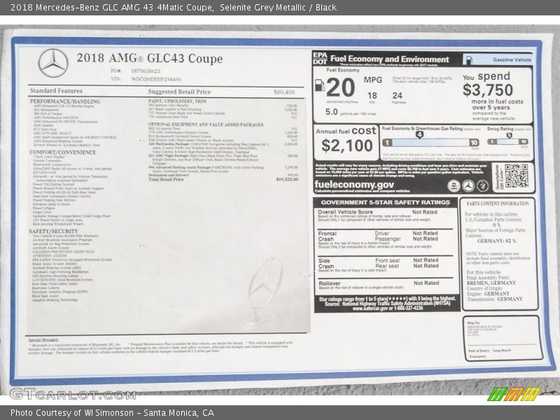  2018 GLC AMG 43 4Matic Coupe Window Sticker