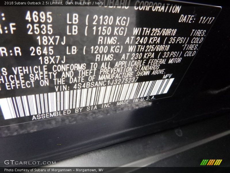 Dark Blue Pearl / Ivory 2018 Subaru Outback 2.5i Limited