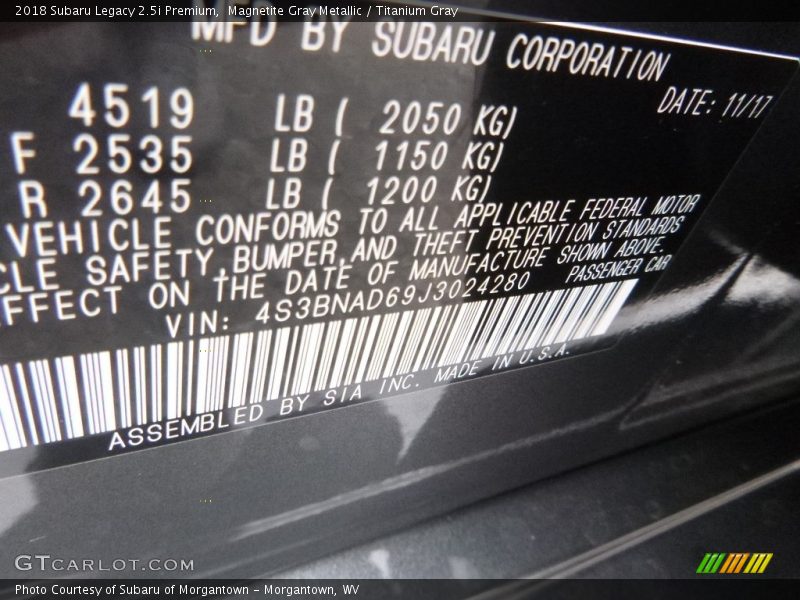 Magnetite Gray Metallic / Titanium Gray 2018 Subaru Legacy 2.5i Premium