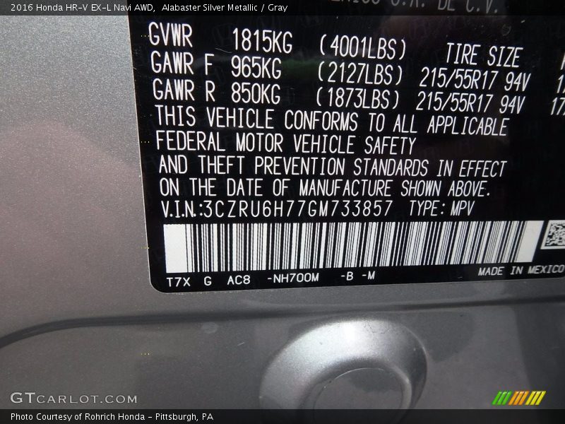Alabaster Silver Metallic / Gray 2016 Honda HR-V EX-L Navi AWD