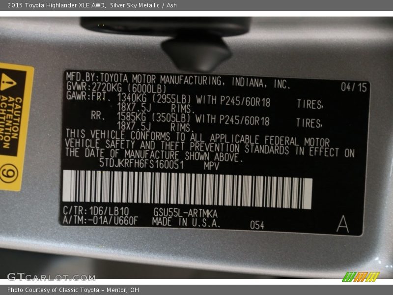 Silver Sky Metallic / Ash 2015 Toyota Highlander XLE AWD