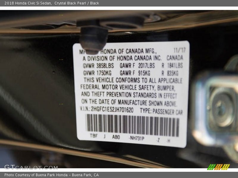Crystal Black Pearl / Black 2018 Honda Civic Si Sedan