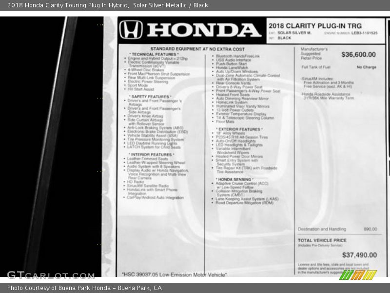  2018 Clarity Touring Plug In Hybrid Window Sticker