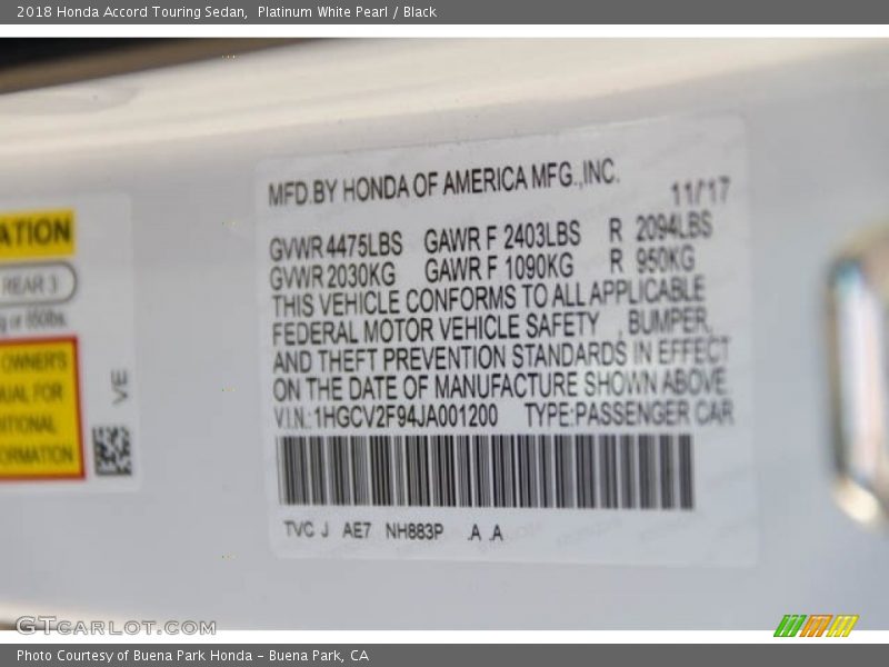 2018 Accord Touring Sedan Platinum White Pearl Color Code NH883P
