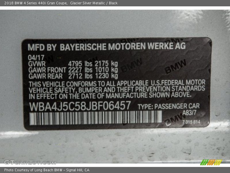 Glacier Silver Metallic / Black 2018 BMW 4 Series 440i Gran Coupe