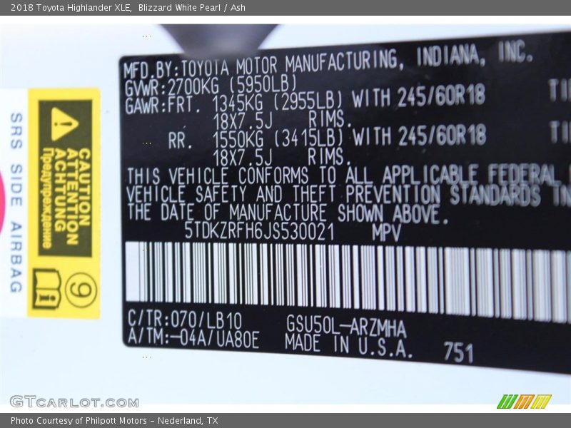 Blizzard White Pearl / Ash 2018 Toyota Highlander XLE