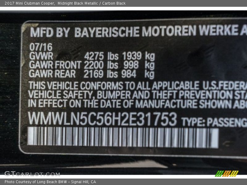 Midnight Black Metallic / Carbon Black 2017 Mini Clubman Cooper