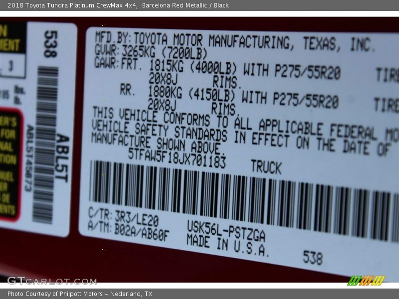2018 Tundra Platinum CrewMax 4x4 Barcelona Red Metallic Color Code 3R3