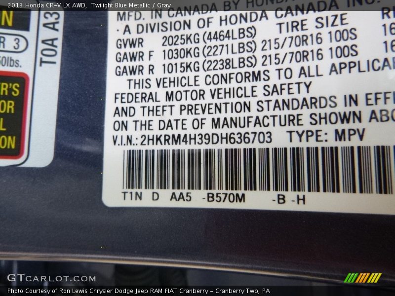 Twilight Blue Metallic / Gray 2013 Honda CR-V LX AWD