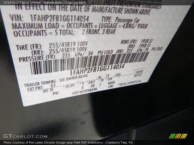 Shadow Black / Charcoal Black 2016 Ford Taurus Limited