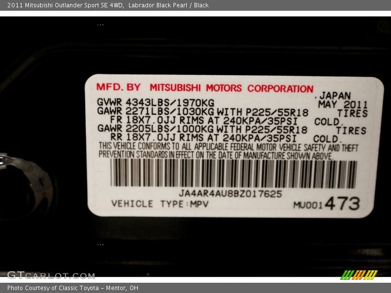 Labrador Black Pearl / Black 2011 Mitsubishi Outlander Sport SE 4WD