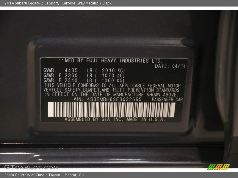 Carbide Gray Metallic / Black 2014 Subaru Legacy 2.5i Sport