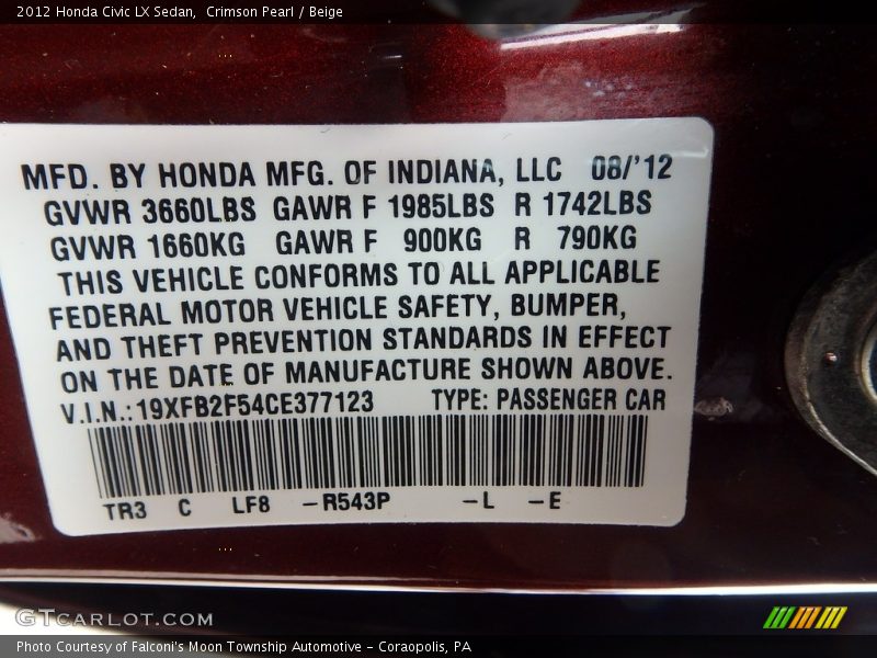 Crimson Pearl / Beige 2012 Honda Civic LX Sedan