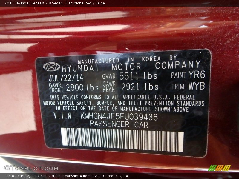 Pamplona Red / Beige 2015 Hyundai Genesis 3.8 Sedan