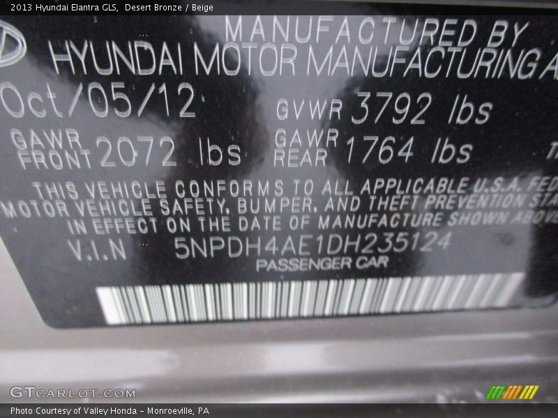 Desert Bronze / Beige 2013 Hyundai Elantra GLS