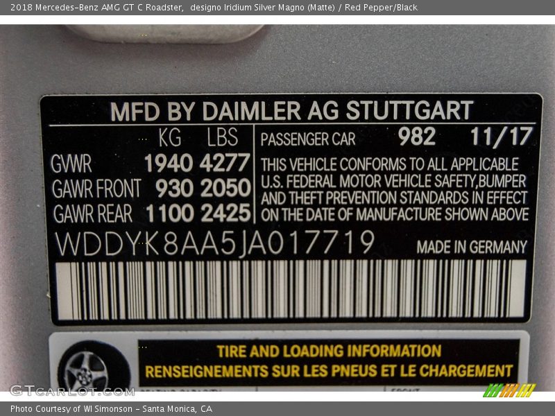 2018 AMG GT C Roadster designo Iridium Silver Magno (Matte) Color Code 982
