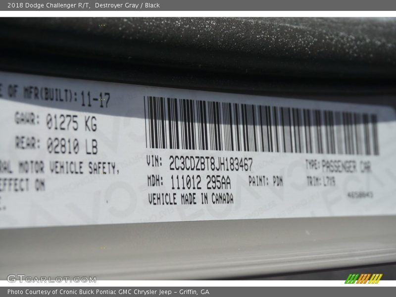 Destroyer Gray / Black 2018 Dodge Challenger R/T