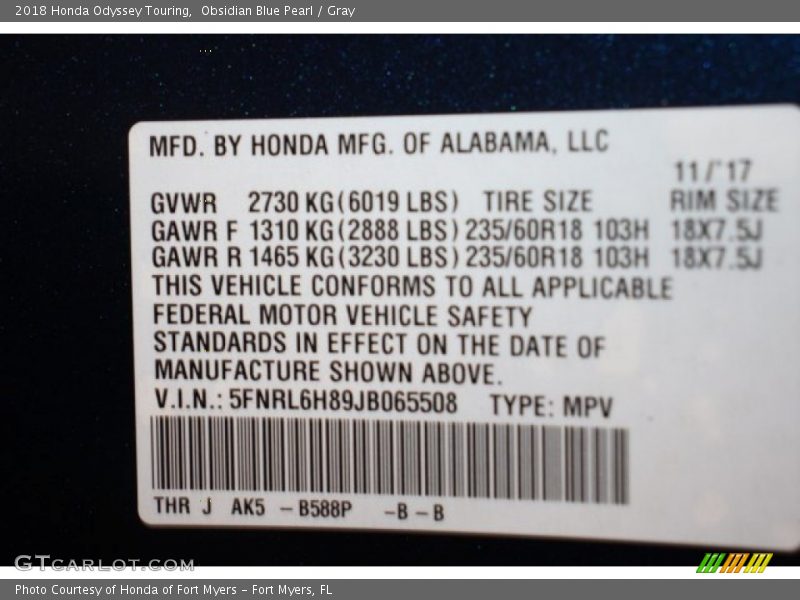 Obsidian Blue Pearl / Gray 2018 Honda Odyssey Touring