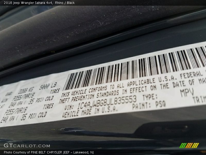 2018 Wrangler Sahara 4x4 Rhino Color Code PSQ