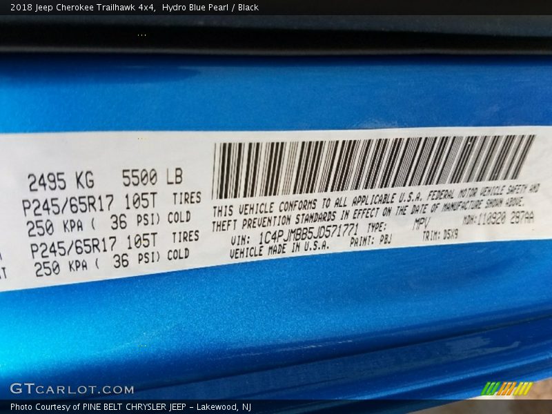 2018 Cherokee Trailhawk 4x4 Hydro Blue Pearl Color Code PBJ