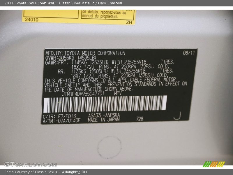 Classic Silver Metallic / Dark Charcoal 2011 Toyota RAV4 Sport 4WD