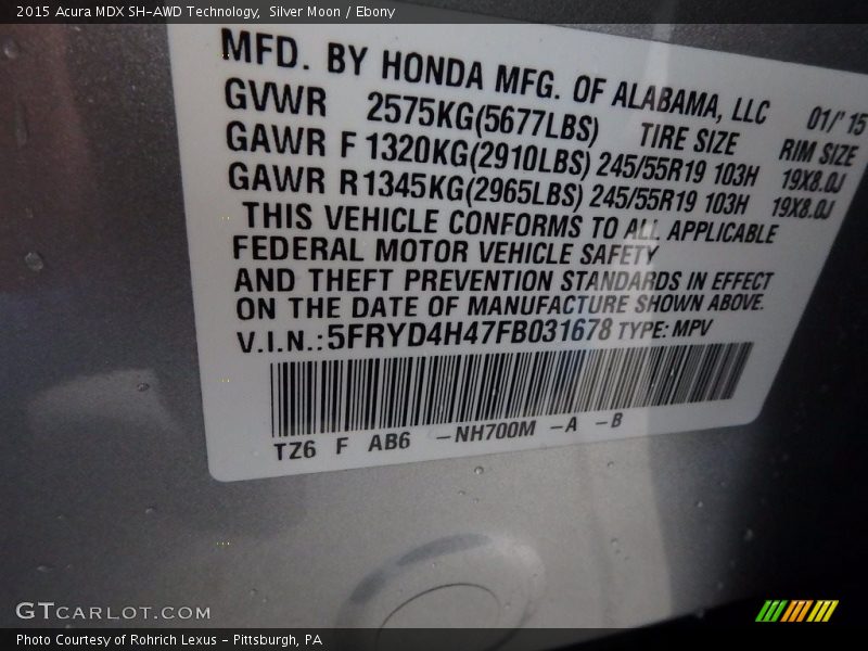 Silver Moon / Ebony 2015 Acura MDX SH-AWD Technology