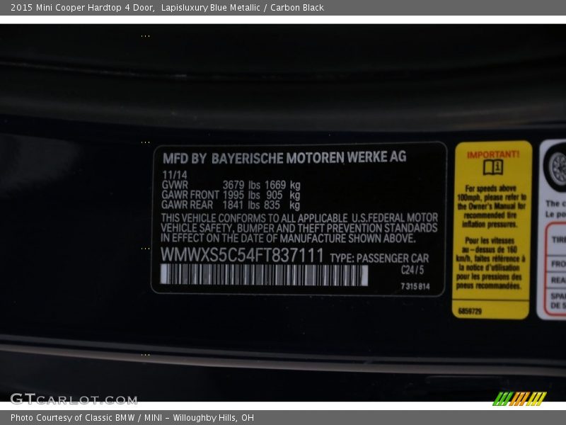 Lapisluxury Blue Metallic / Carbon Black 2015 Mini Cooper Hardtop 4 Door