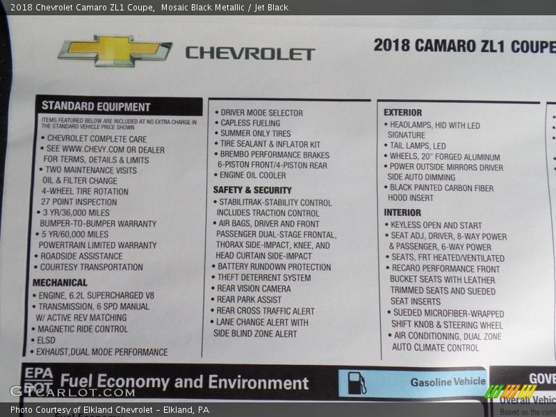  2018 Camaro ZL1 Coupe Window Sticker