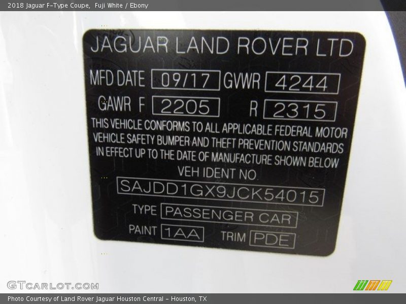2018 F-Type Coupe Fuji White Color Code 1AA