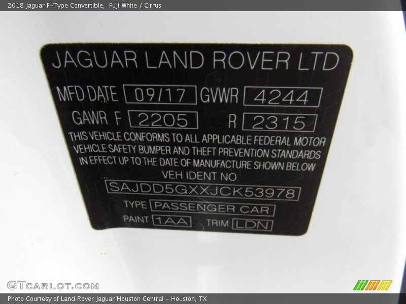 2018 F-Type Convertible Fuji White Color Code 1AA