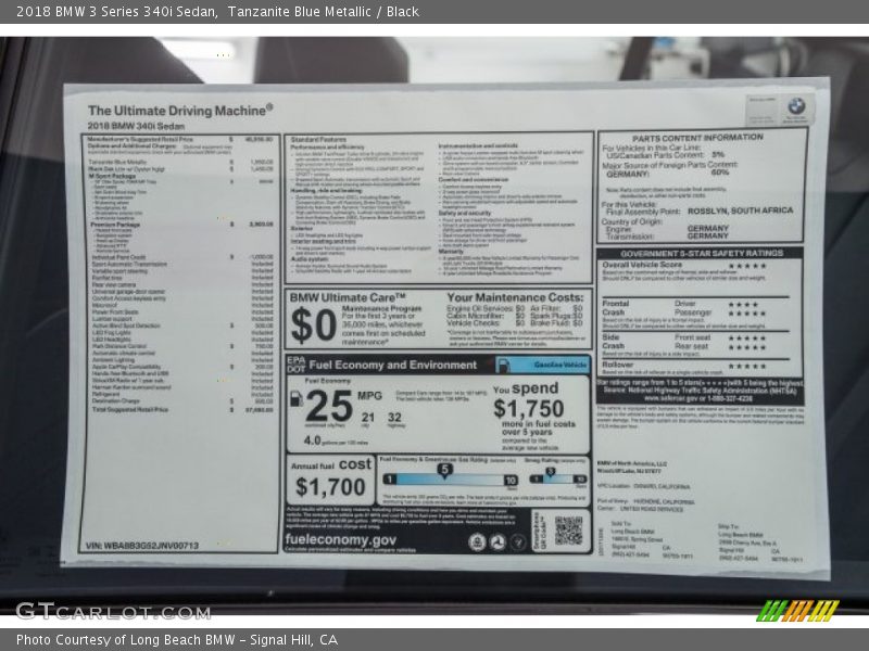  2018 3 Series 340i Sedan Window Sticker