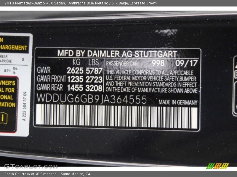 Anthracite Blue Metallic / Silk Beige/Espresso Brown 2018 Mercedes-Benz S 450 Sedan