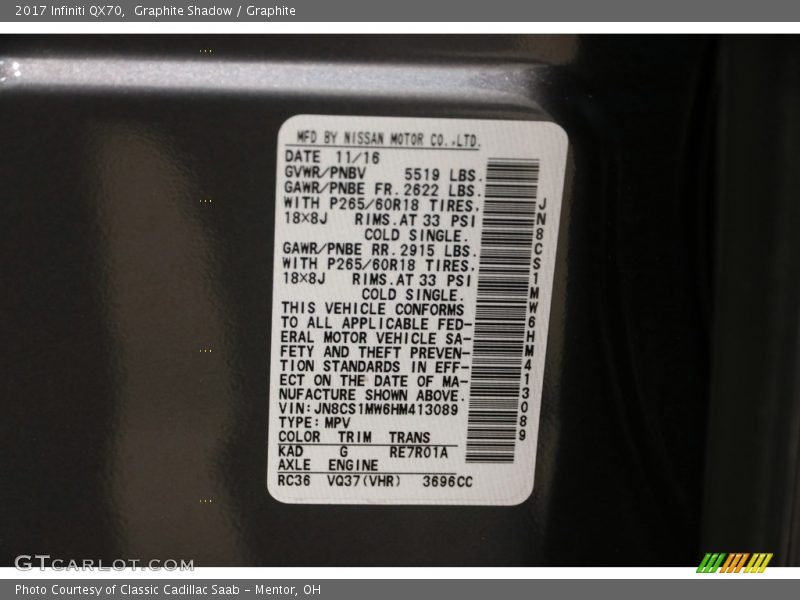 2017 QX70  Graphite Shadow Color Code KAD