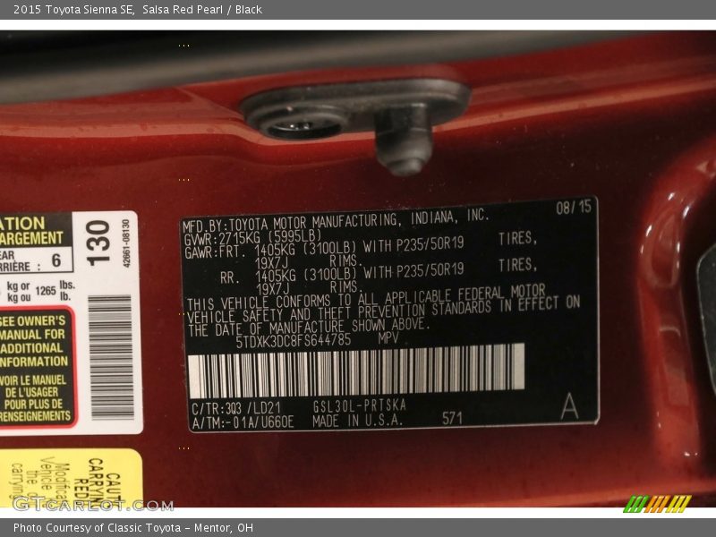 Salsa Red Pearl / Black 2015 Toyota Sienna SE