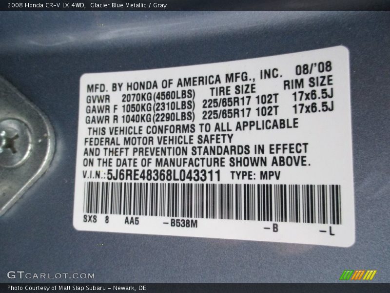 Glacier Blue Metallic / Gray 2008 Honda CR-V LX 4WD