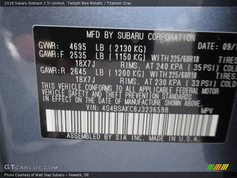 Twilight Blue Metallic / Titanium Gray 2018 Subaru Outback 2.5i Limited