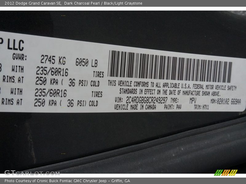 Dark Charcoal Pearl / Black/Light Graystone 2012 Dodge Grand Caravan SE